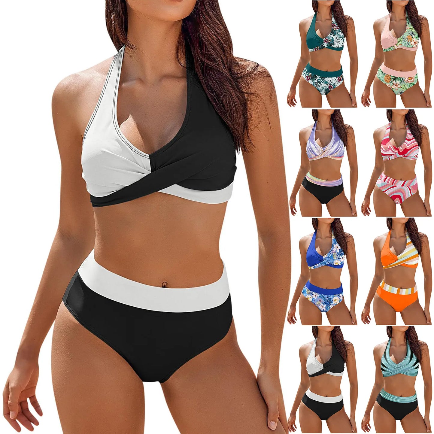 Fashionable, Bold and Beautiful Dressbikini Beach Colour Block Floral Printed Women's Swimsuit High Waist Two Piece For Teenagers biquinis feminino tendência 2024