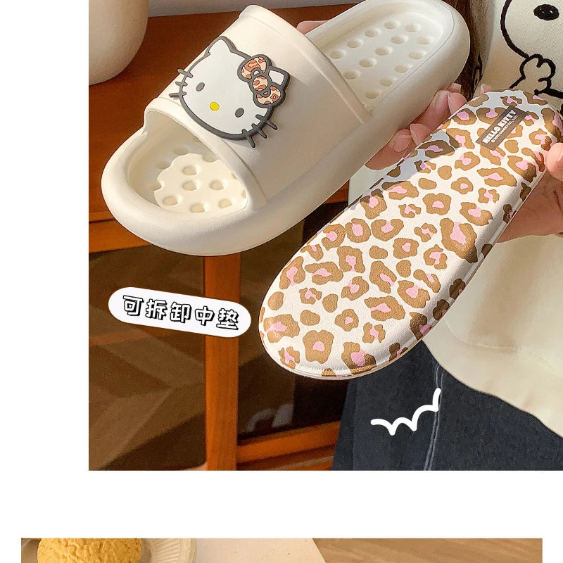 Miniso Hello Kitty Cute Leopard Print Slippers Trendy Open-Toe Slide Sandals in Chic Two-Tone Design Comfortable EVA Material