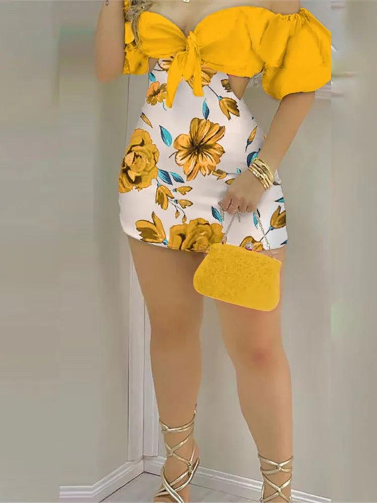 Flower Print, Shorts Romper, Off Shoulder Sleeves, Hollowed Back And Sides - Just The Fly Way