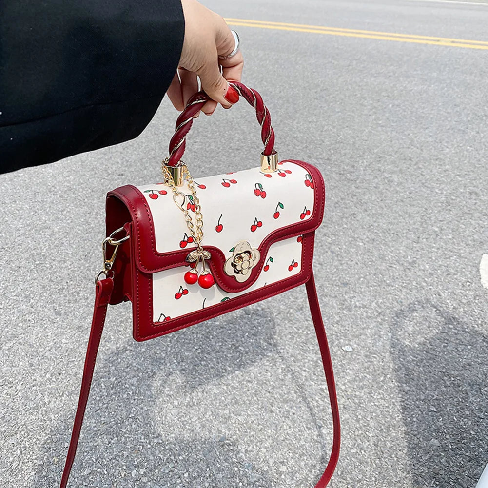 Fashionable, Bold and Beautiful DressWomen Cherry Square Chain Bag PU Leather Sweet Cherry Crossbody Bag Adjustable Strap Cherry Pattern Sling Bag Ladies Outdoor Bag