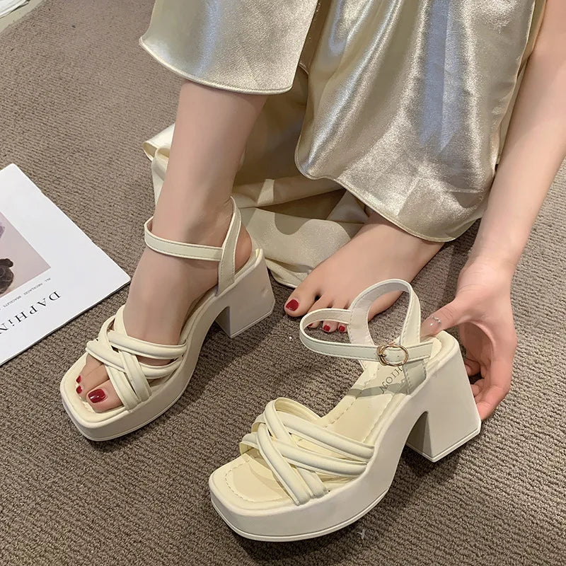 Fashionable, Bold and Beautiful DressWomen's Waterproof Wedge Platform Sandals Casual Fashionable Buckle Strap High Heel Square Toe Modern Sandals