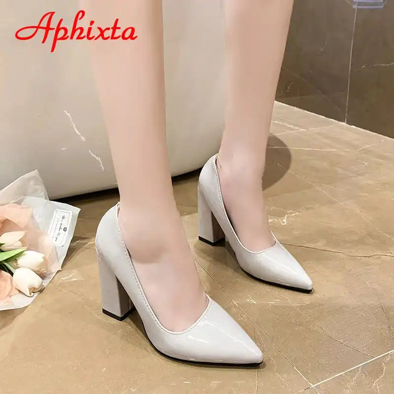 Women's Patent Leather 10cm Square Heel Shoes by Aphixta - Extended Sizes 31-50