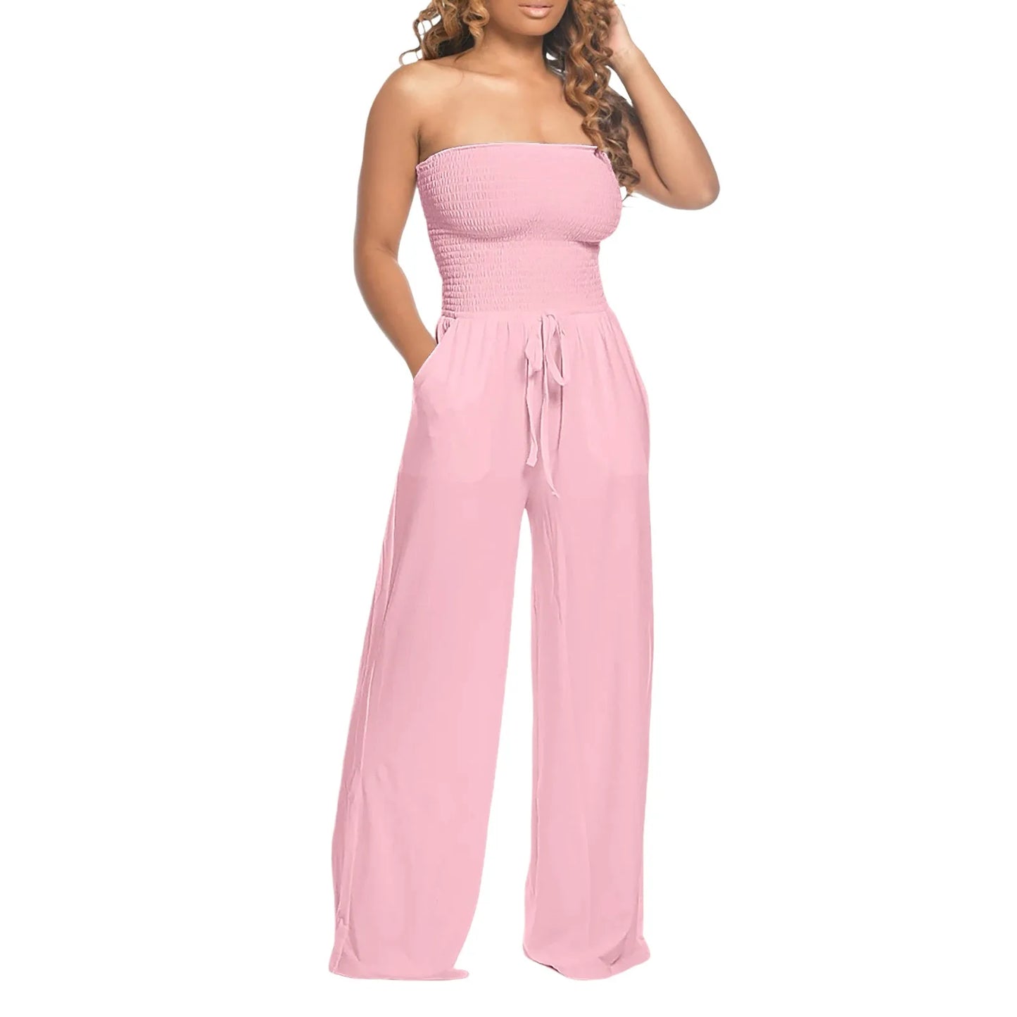 Elegant Soft Lace Jumpsuits Glitter Romper Women Solid Ruffle Lace Sleeveless Lace Up Jumpsuit Medium Length Straight Trousers - Just The Fly Way