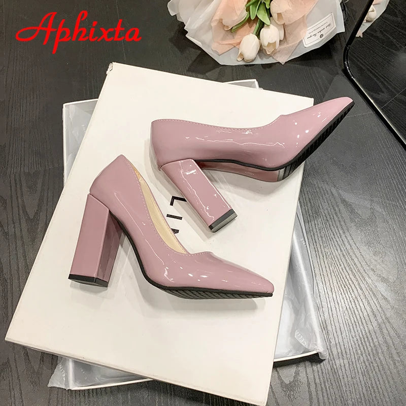 Women's Patent Leather 10cm Square Heel Shoes by Aphixta - Extended Sizes 31-50