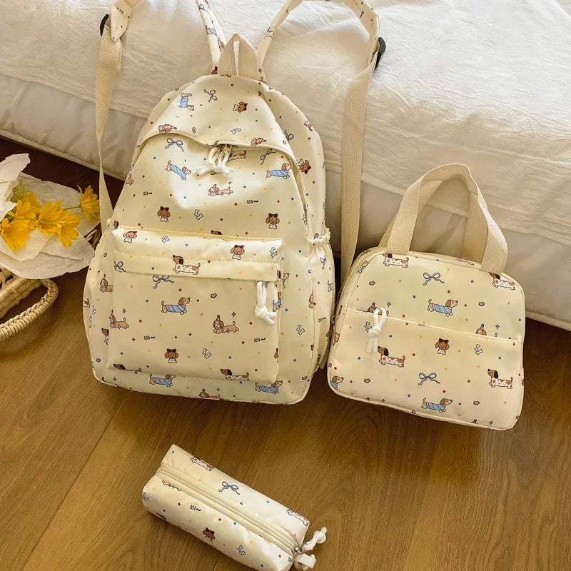 3Pc Cute Large Capacity Nylon Handbag, Backpack & Pencil Case Set with Adjustable Straps