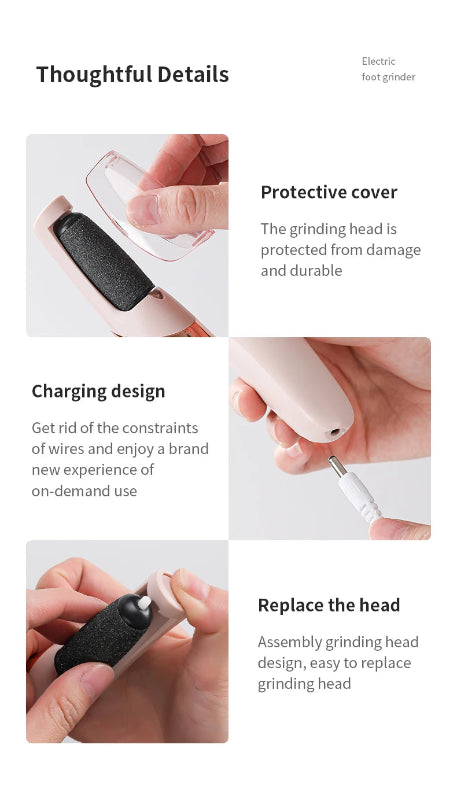Product features with text on protective cover, charging design, and replaceable head.