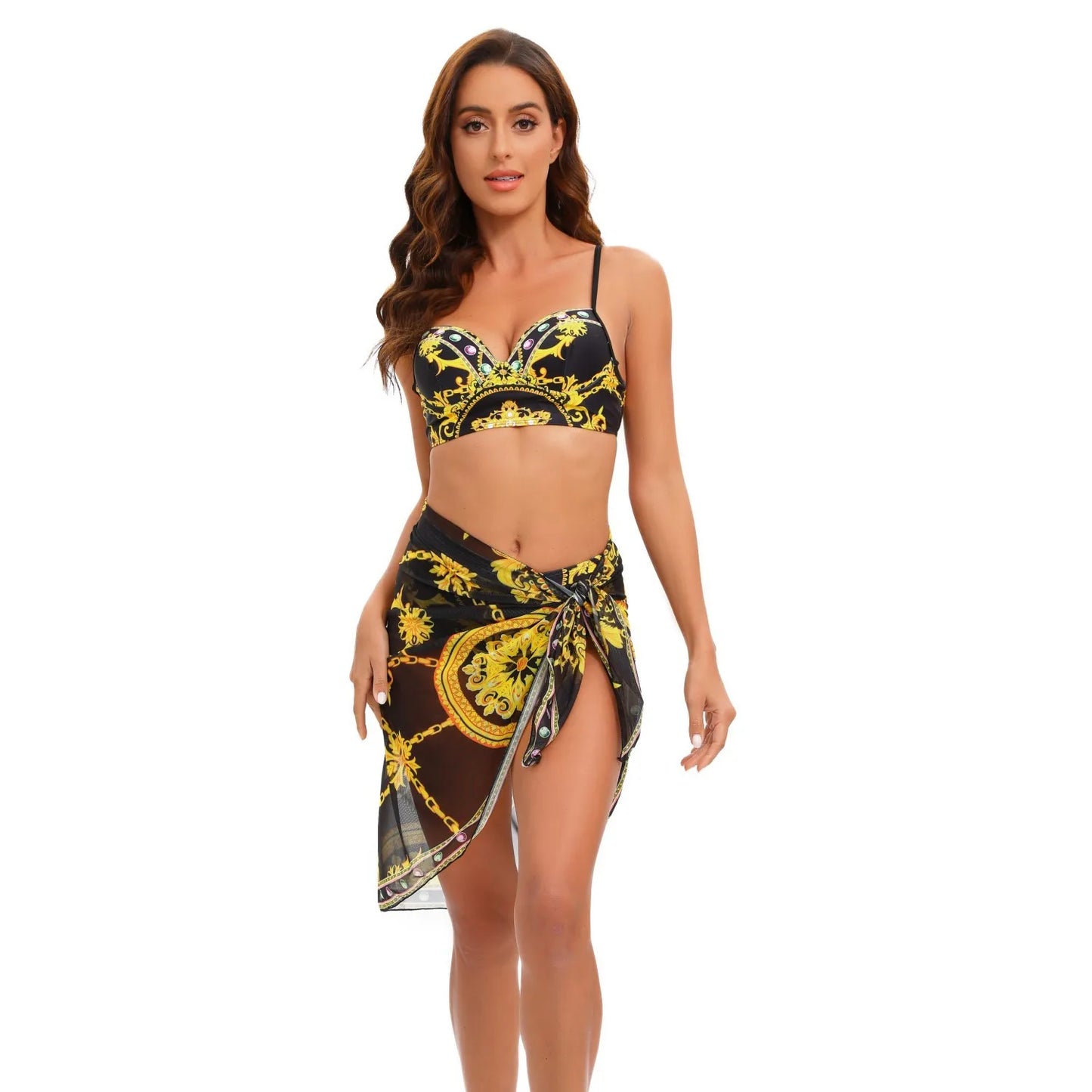 Three Piece Push Up Bikini Set, Black Gold Swimsuit with Skirt Cover Up - Just The Fly Way