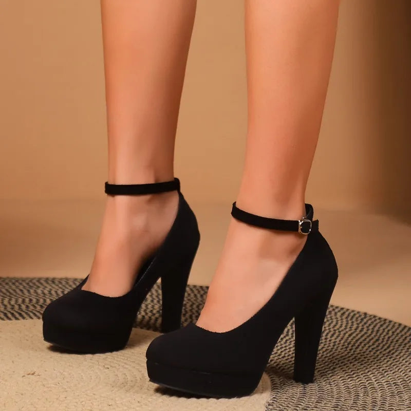 Fashionable, Bold and Beautiful DressLarge Size 42 Sexy Super High Heels Shoes for Women Ankle Buckle Chunky Platform Pumps Woman Black Flock Square Heel Party Shoes