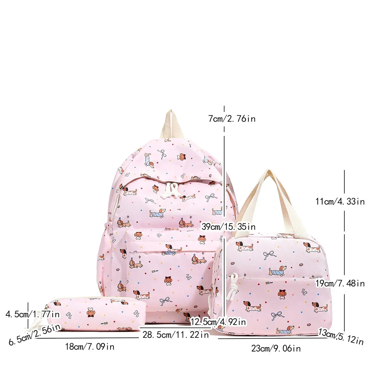 3Pc Cute Large Capacity Nylon Handbag, Backpack & Pencil Case Set with Adjustable Straps