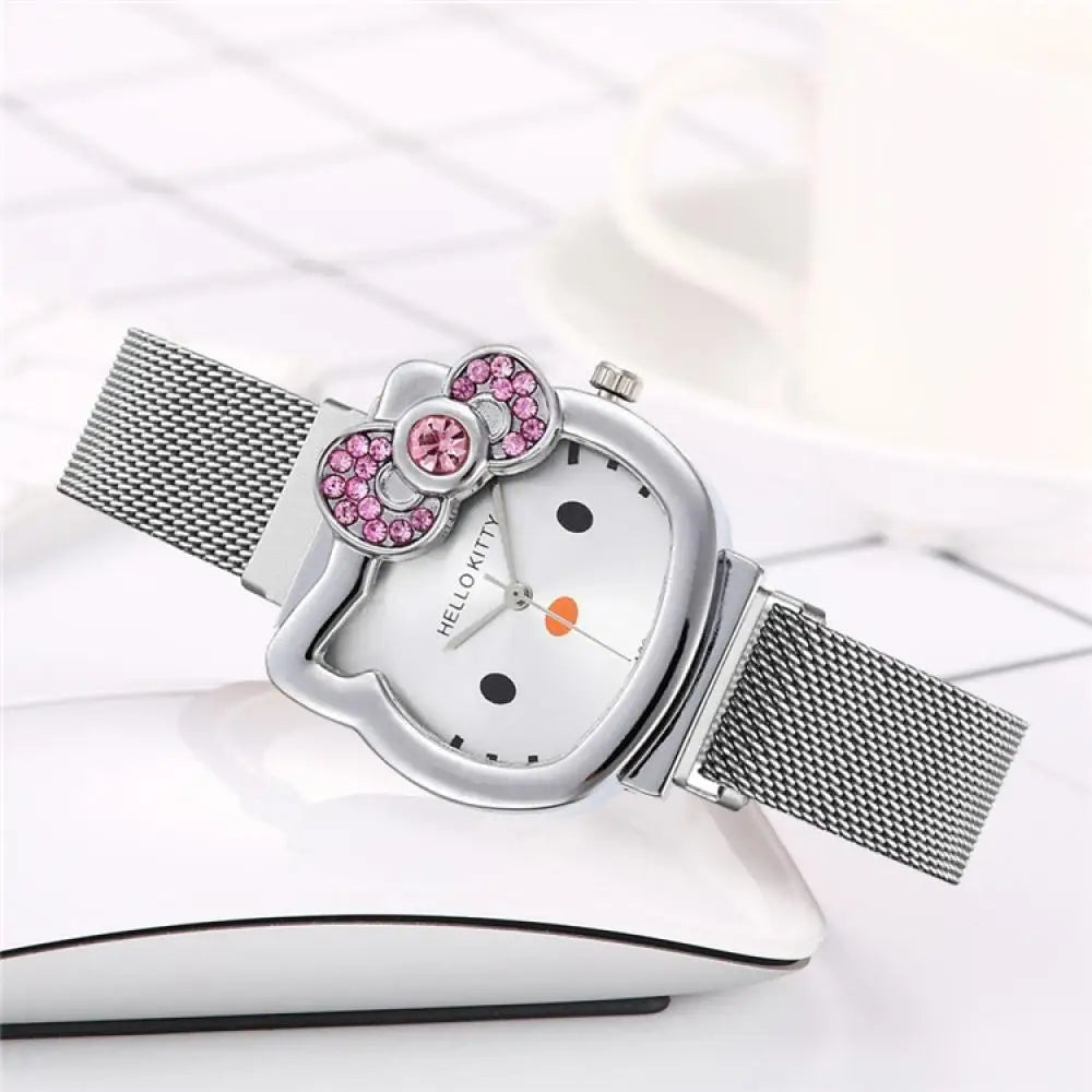 Gold or Silver Metal Ladies Kawaii Pink Hello Kitty Rhinestone Watch