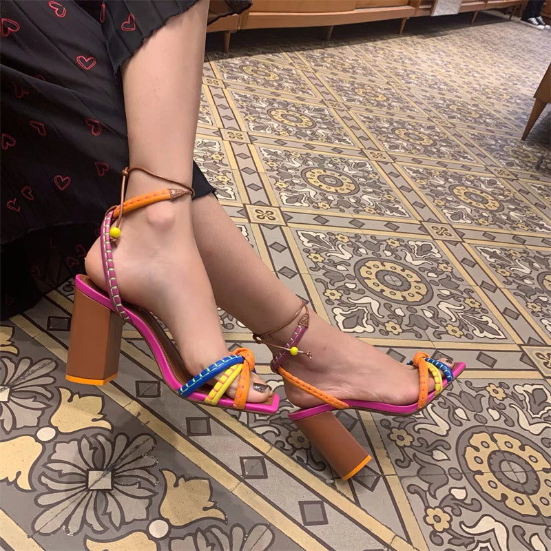 Fashionable, Bold and Beautiful DressBrazil Fashion Luxury Twist Woven Sandals Color Blocking Designer Brand Women's Shoes Thick with High Heel Sandals Female Casual