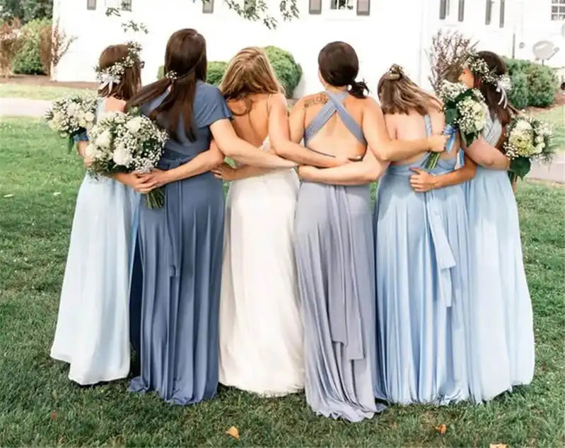 Bridesmaids wearing BABYONLINE Convertible Gown in various blue shades, showcasing halter and sleeveless multiway wrap styles for weddings.