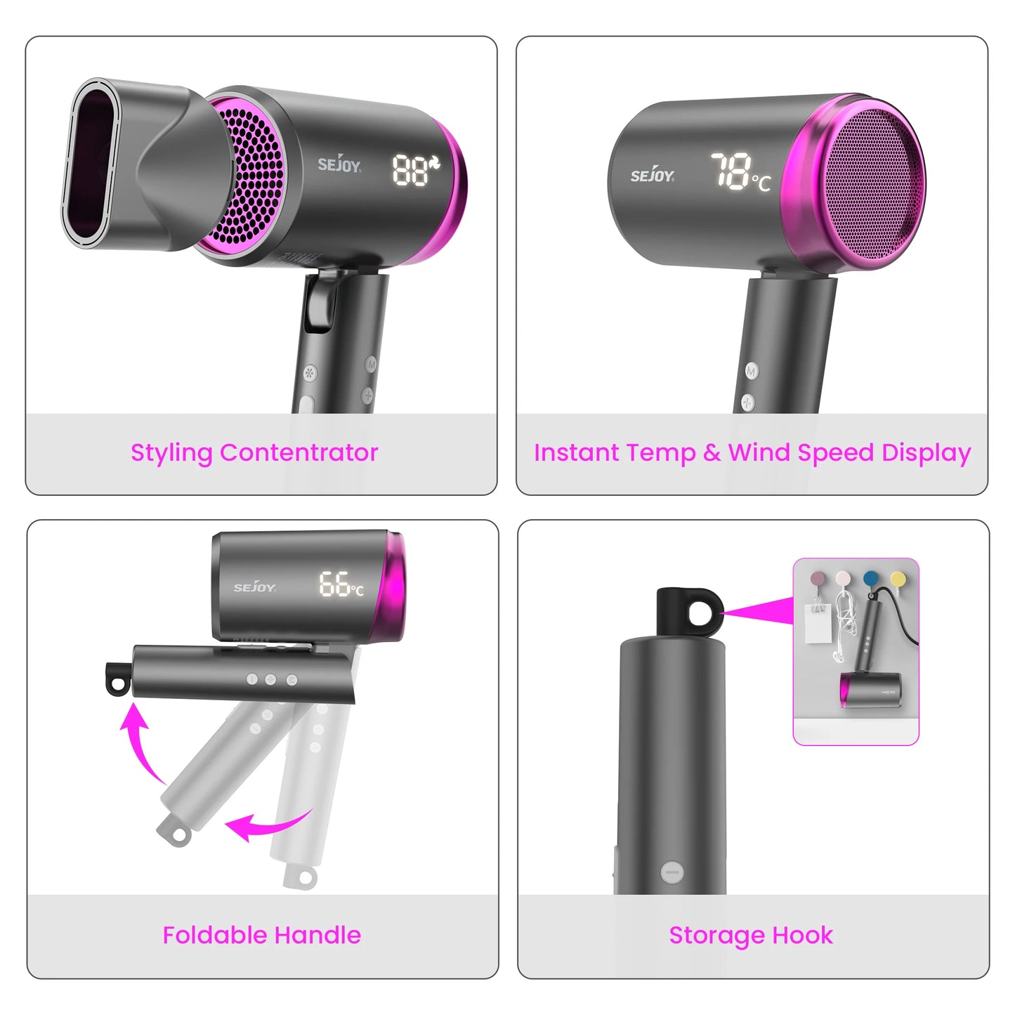 Hair Dryer with LED Display – Sejoy High Speed 1800W Compact Negative Ion Blow Dryer for Fast, Smooth Drying and Travel-Friendly Design - Just The Fly Way