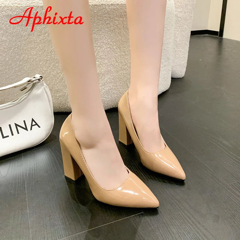 Women's Patent Leather 10cm Square Heel Shoes by Aphixta - Extended Sizes 31-50