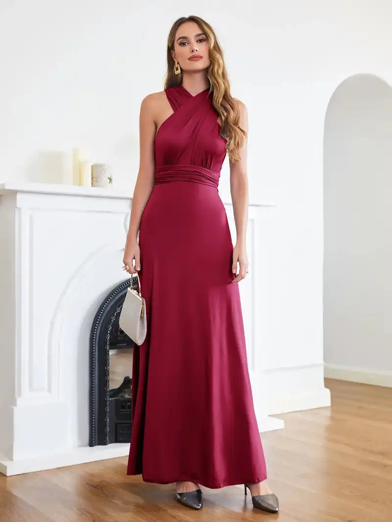 Bridesmaid Dress - Convertible Gown in burgundy with halter neckline and sleeveless design. Floor-length wrap style ideal for weddings or formal events.