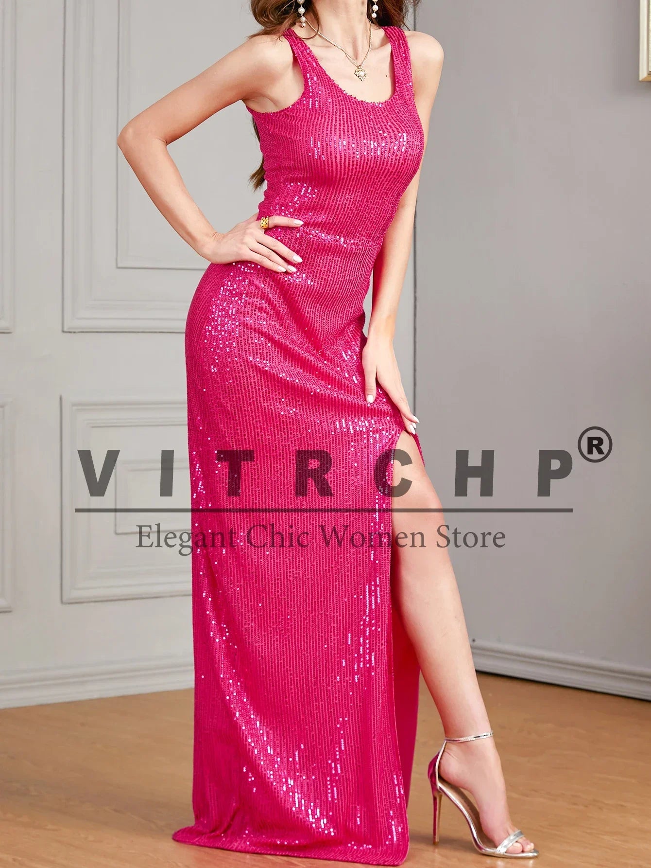 Celebrity Evening Dress Women Sequin Long Prom Dress V Neck Rose Sequin Evening Dress Sexy Party Mermaid Sparkling Maxi Dress - Just The Fly Way