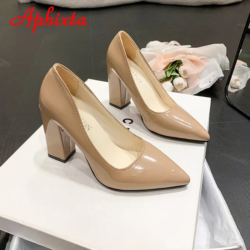 Women's Patent Leather 10cm Square Heel Shoes by Aphixta - Extended Sizes 31-50