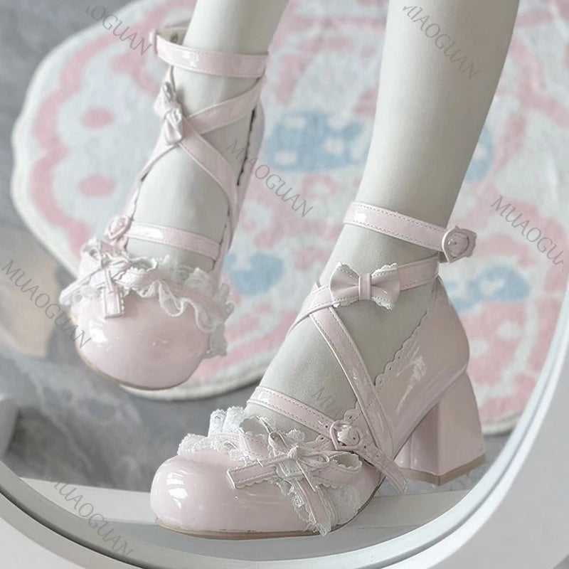 Fashionable, Bold and Beautiful DressLolita Red High Heels Cute pumps Shoes spring Autumn Lace Thick high heels Single Shoes Patent Leather Mary Jane Women's Shoes