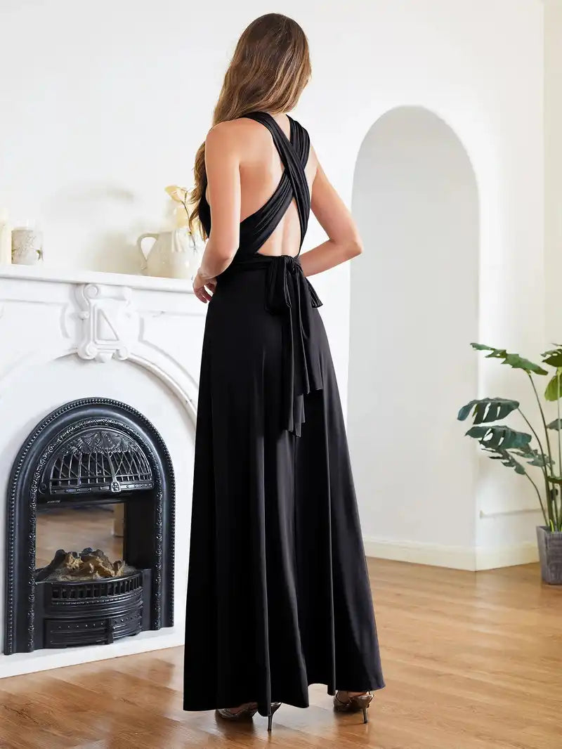 Bridesmaid Dress - Convertible Gown in black with halter neckline and open back. Floor-length, sleeveless design ideal for weddings or formal events.