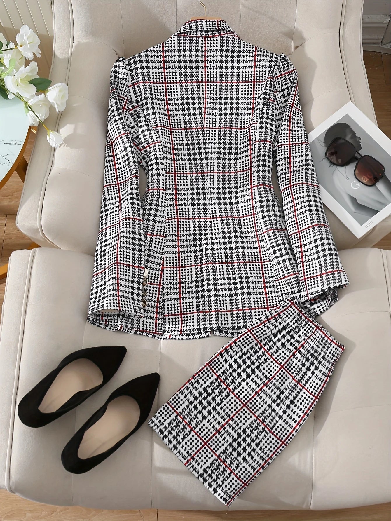 Women's Thousand Bird Casual Two-Piece Suit Set, Long Sleeved Flip Top Double Breasted Suit Jacket and Mini Hip Hugging Skirt, S - Just The Fly Way