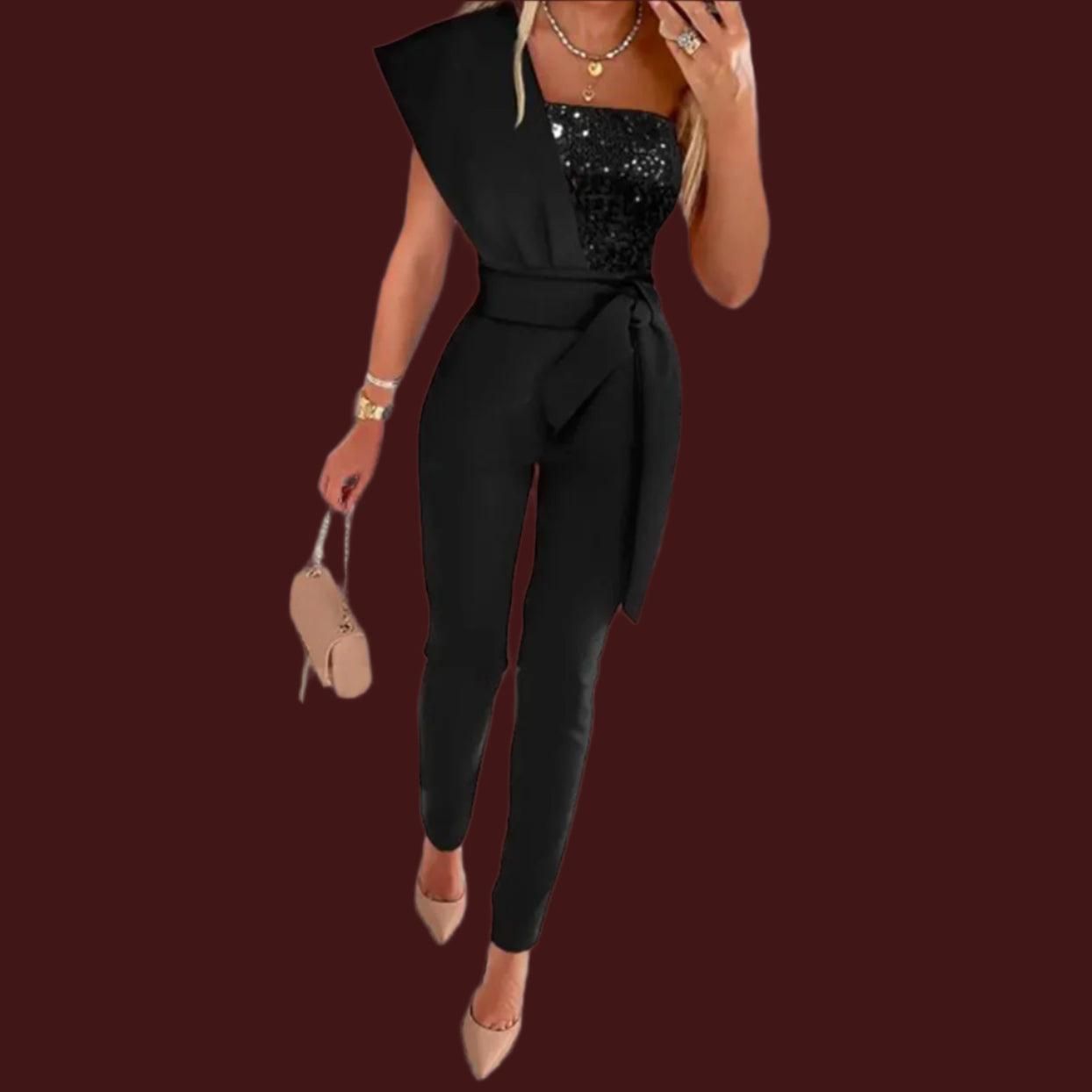 Women's Solid Color Romper, Cut-out Design, Belt Decoration, V-neck Fashion Sequin One-shoulder Bodysuit - Just The Fly Way