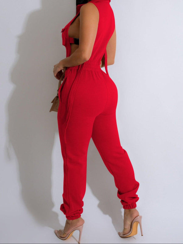 Sleek Jogger Romper With Single-breasted Front, Stylish Buckle Closure, Open Sides - Just The Fly Way