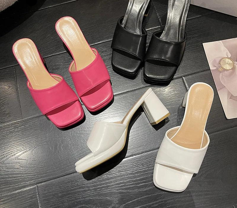 Women's Slide Shoes With Chunky Heels And Peep Toe Design - Just The Fly Way