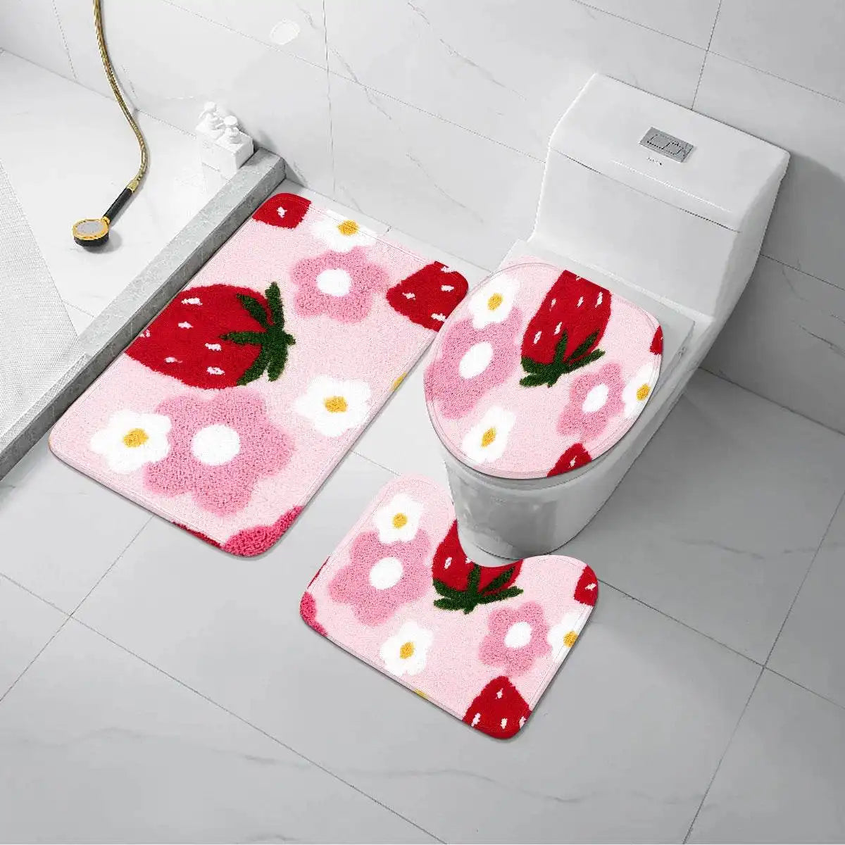 Charming Three-Piece Strawberry Bathroom Rug Set for a Delightful Decor Upgrade - Just The Fly Way