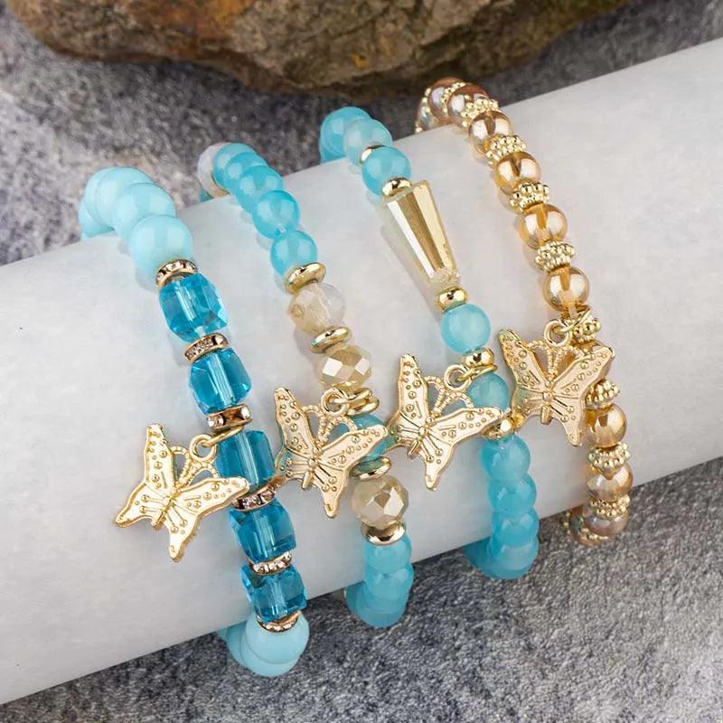 Trendy Butterfly Beaded Four Bracelet Set - Just The Fly Way