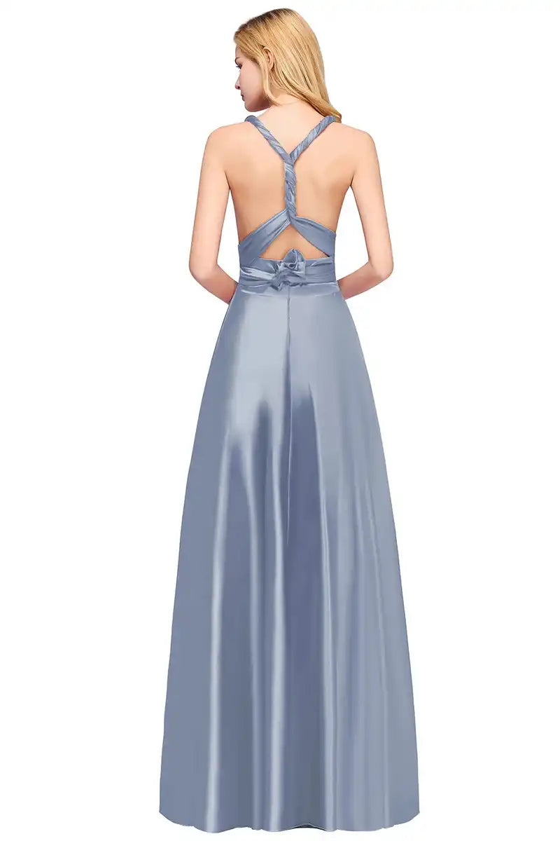 Bridesmaid Dress - Convertible Gown in grey-blue with halter neckline and open back. Floor-length, sleeveless satin wrap design by BABYONLINE.