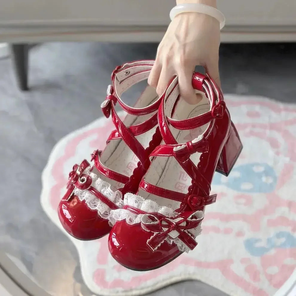 Fashionable, Bold and Beautiful DressLolita Red High Heels Cute pumps Shoes spring Autumn Lace Thick high heels Single Shoes Patent Leather Mary Jane Women's Shoes