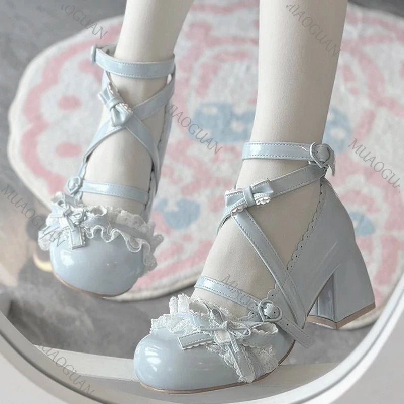 Fashionable, Bold and Beautiful DressLolita Red High Heels Cute pumps Shoes spring Autumn Lace Thick high heels Single Shoes Patent Leather Mary Jane Women's Shoes