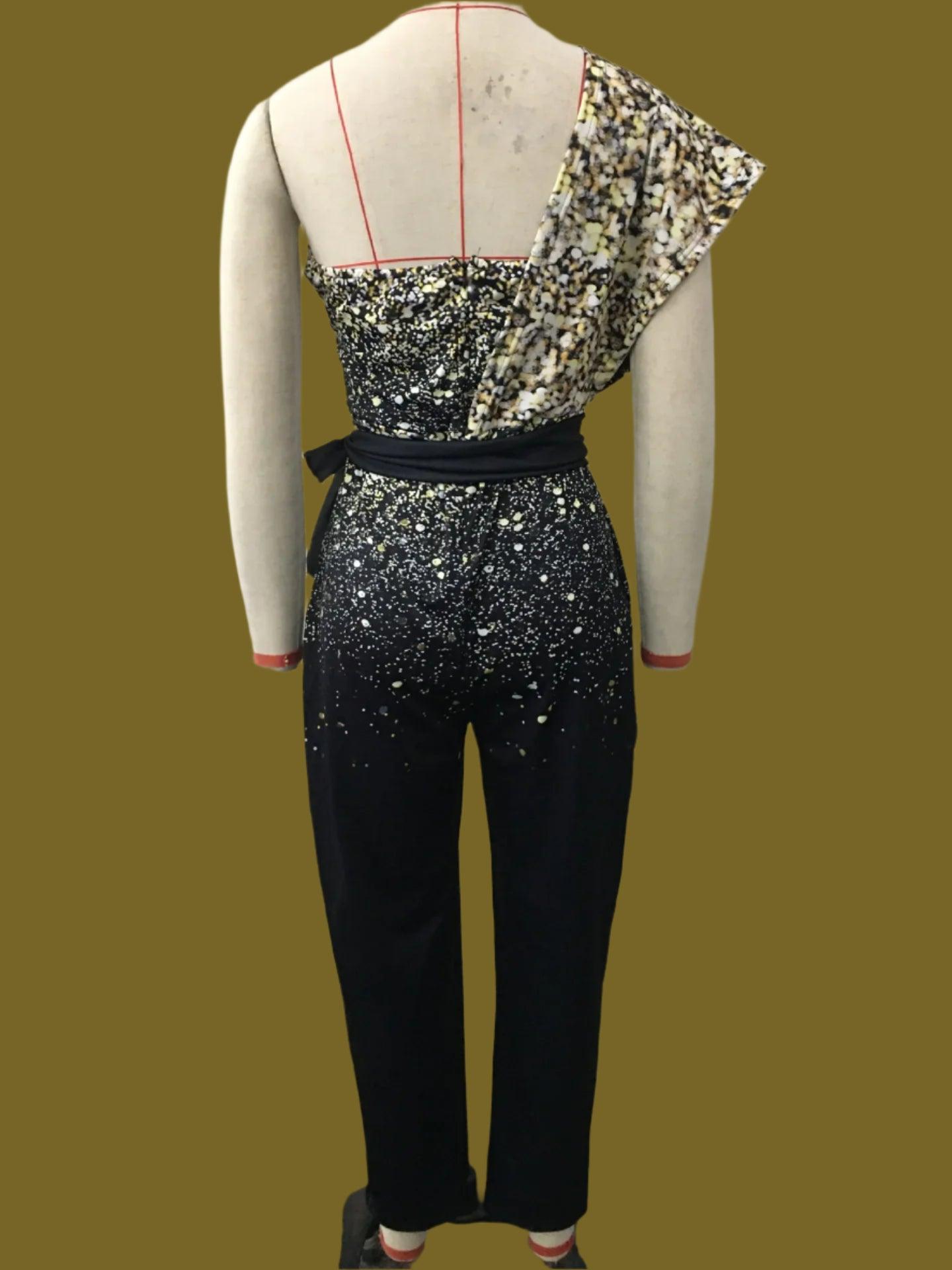 Women's Solid Color Romper, Cut-out Design, Belt Decoration, V-neck Fashion Sequin One-shoulder Bodysuit - Just The Fly Way