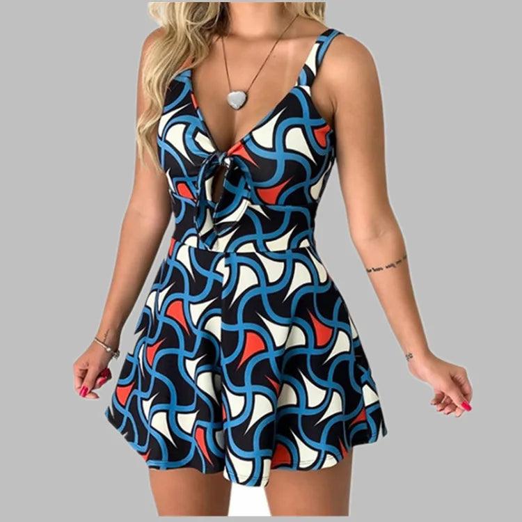 Print V-neck, Sleeveless Shorts Romper: Extended Sizes S-3XL - Just The Fly Way