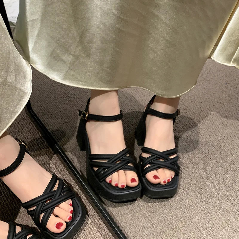 Fashionable, Bold and Beautiful DressWomen's Waterproof Wedge Platform Sandals Casual Fashionable Buckle Strap High Heel Square Toe Modern Sandals