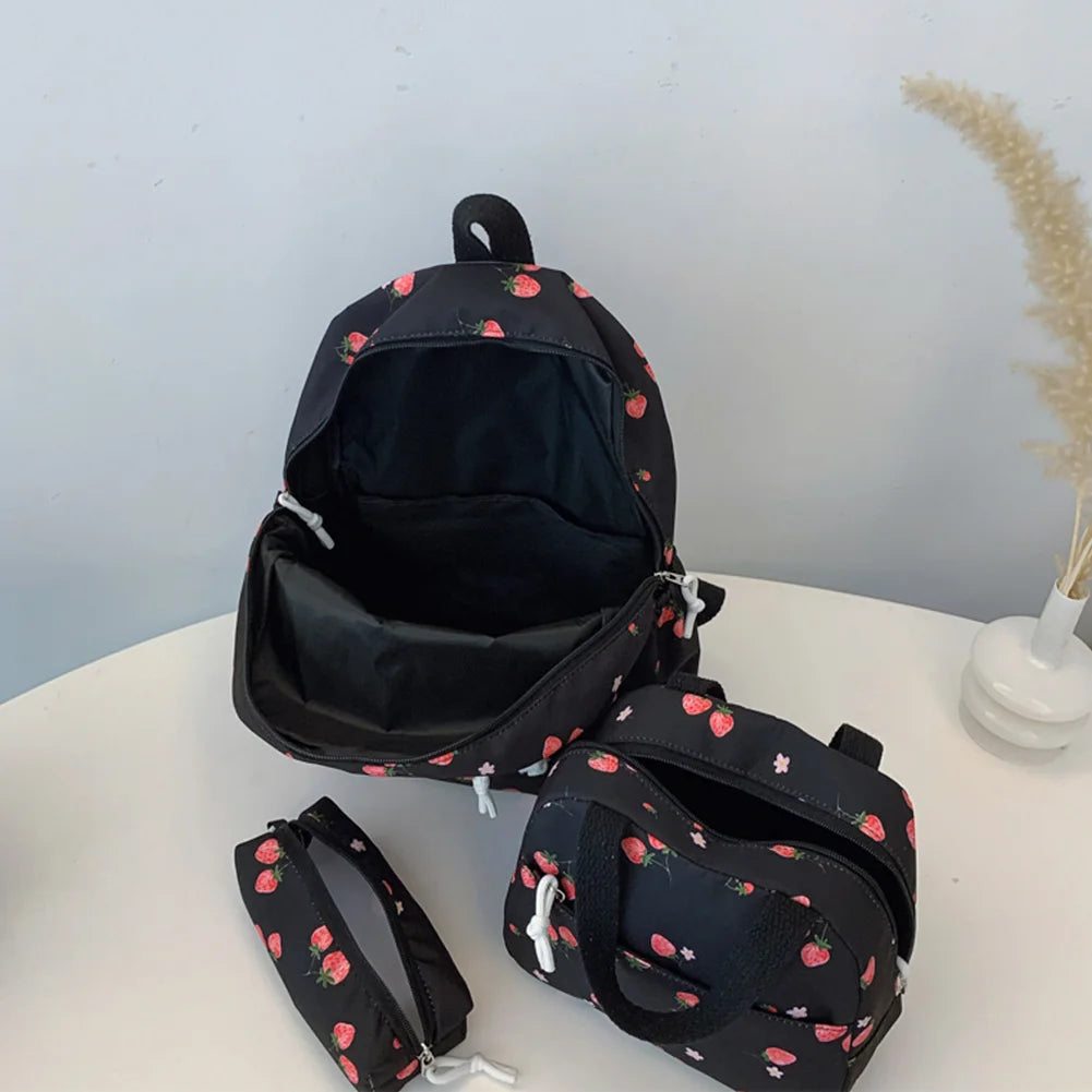 3-Piece Strawberry School Backpack Set with Lunch Box and Pencil Case