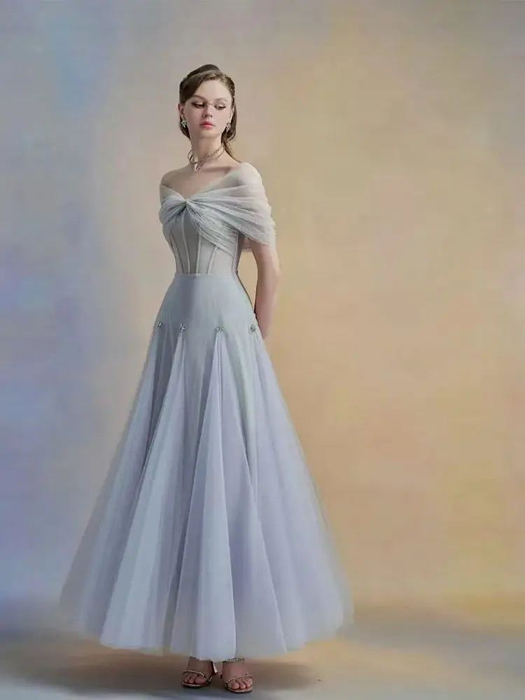 BOMP Elegant Blue Wedding Party Dress Off Shoulder Corset Draped A-Line Floor Length Tulle Special Occasion Evening Gown Custom