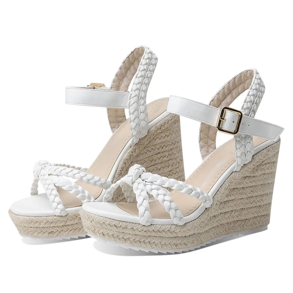 GIGIFOX Straw Woven High Wedges Heel Waterproof Platform Women High-heeled Sandals Round Toe ThicK Buckle Strap Bohemia Shoes - Just The Fly Way