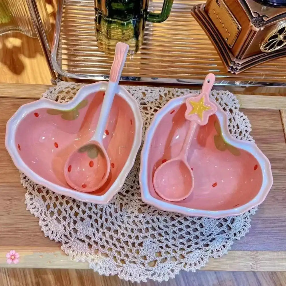 Cute Strawberry Ceramic Anti-scald Bowls and Spoon - Just The Fly Way