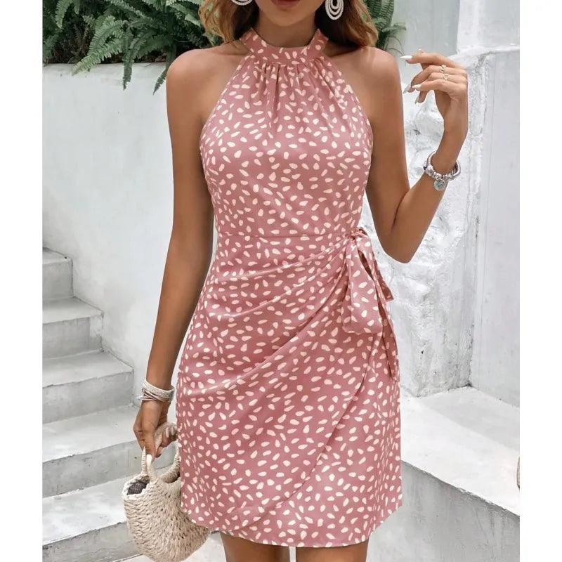 Women's Halter Neckline, Wrap Body, Sleeveless Dress with Floral Print - Just The Fly Way