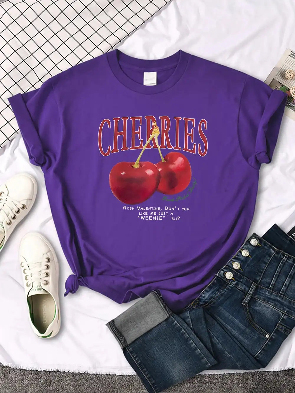 Comfortable Women's Cherry T-Shirt | Trendy Cherry and Letter Pattern Tees - Just The Fly Way