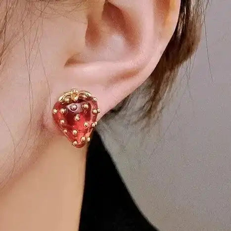 Playful Red Zircon Strawberry Stud Earrings for a Sweet Touch - Just The Fly Way