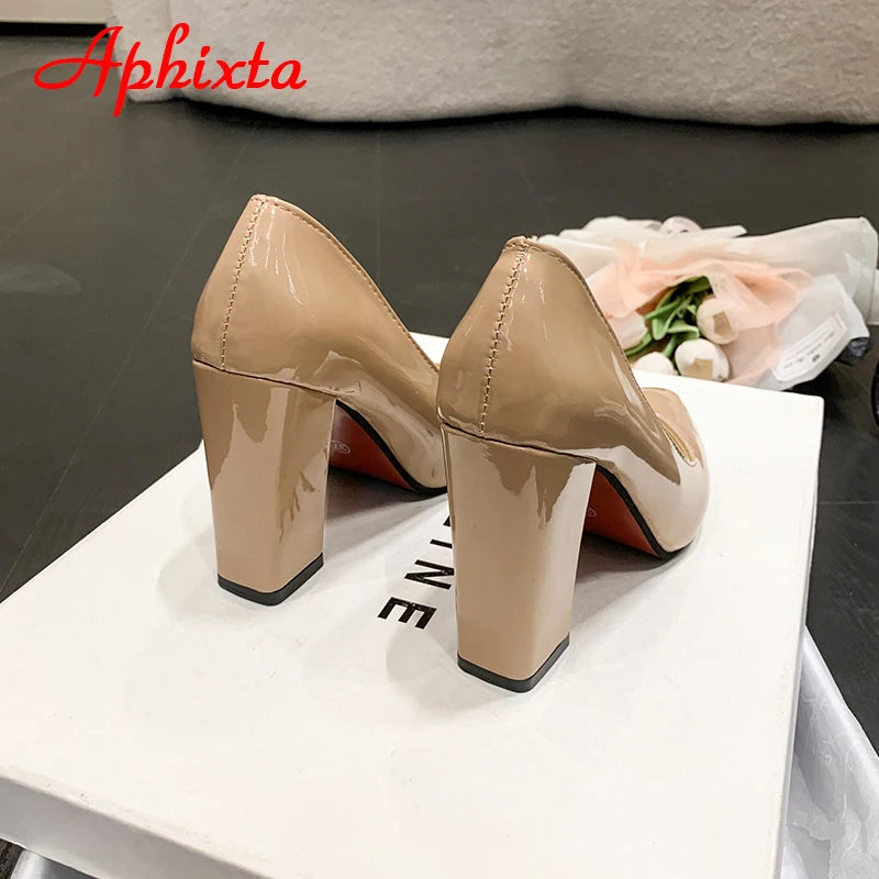 Women's Patent Leather 10cm Square Heel Shoes by Aphixta - Extended Sizes 31-50