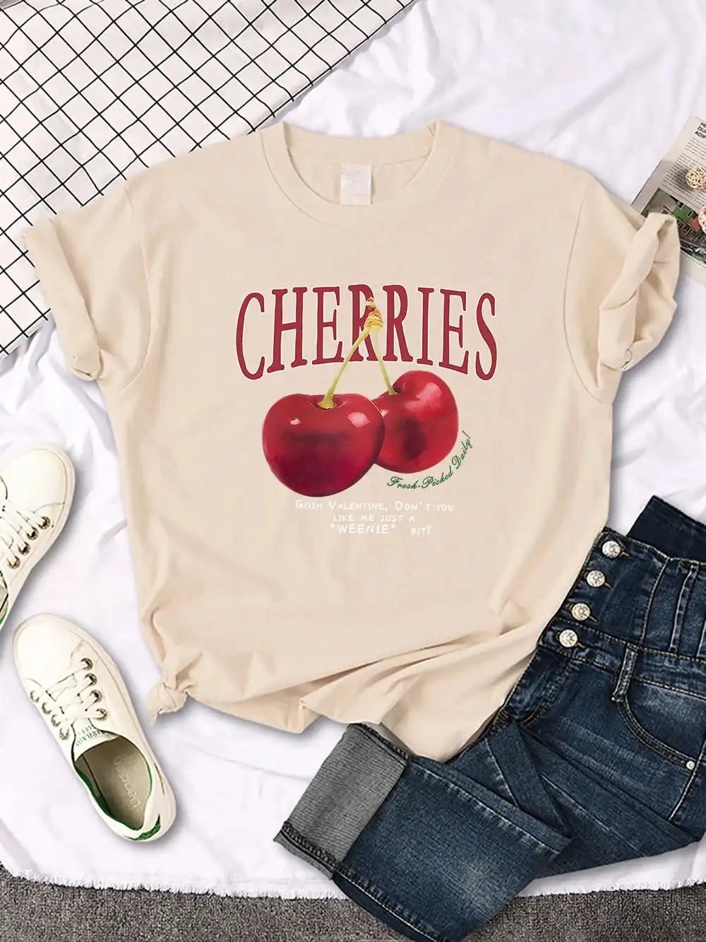 Comfortable Women's Cherry T-Shirt | Trendy Cherry and Letter Pattern Tees - Just The Fly Way