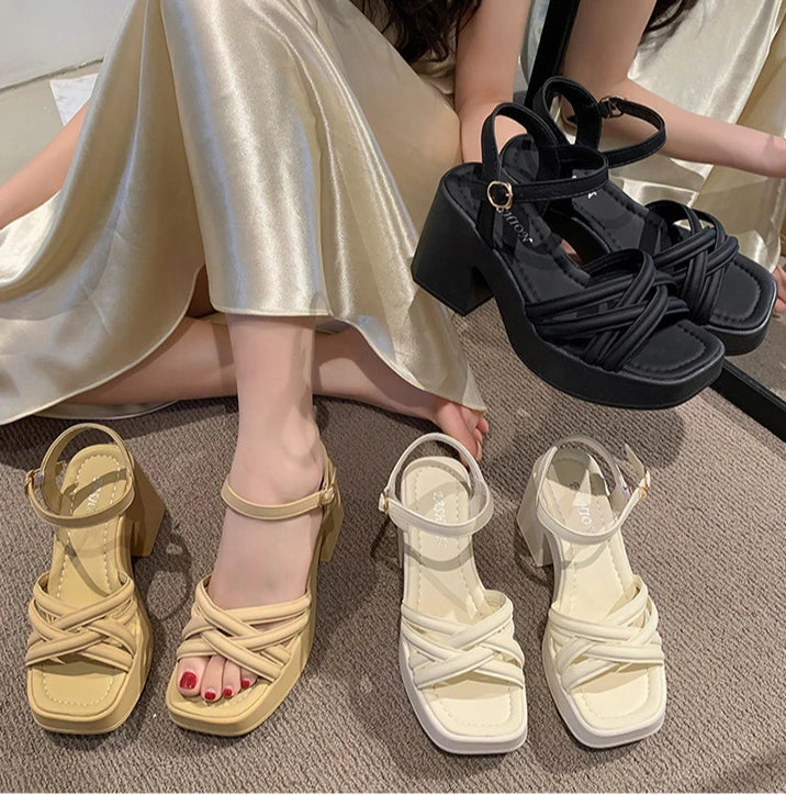 Fashionable, Bold and Beautiful DressWomen's Waterproof Wedge Platform Sandals Casual Fashionable Buckle Strap High Heel Square Toe Modern Sandals