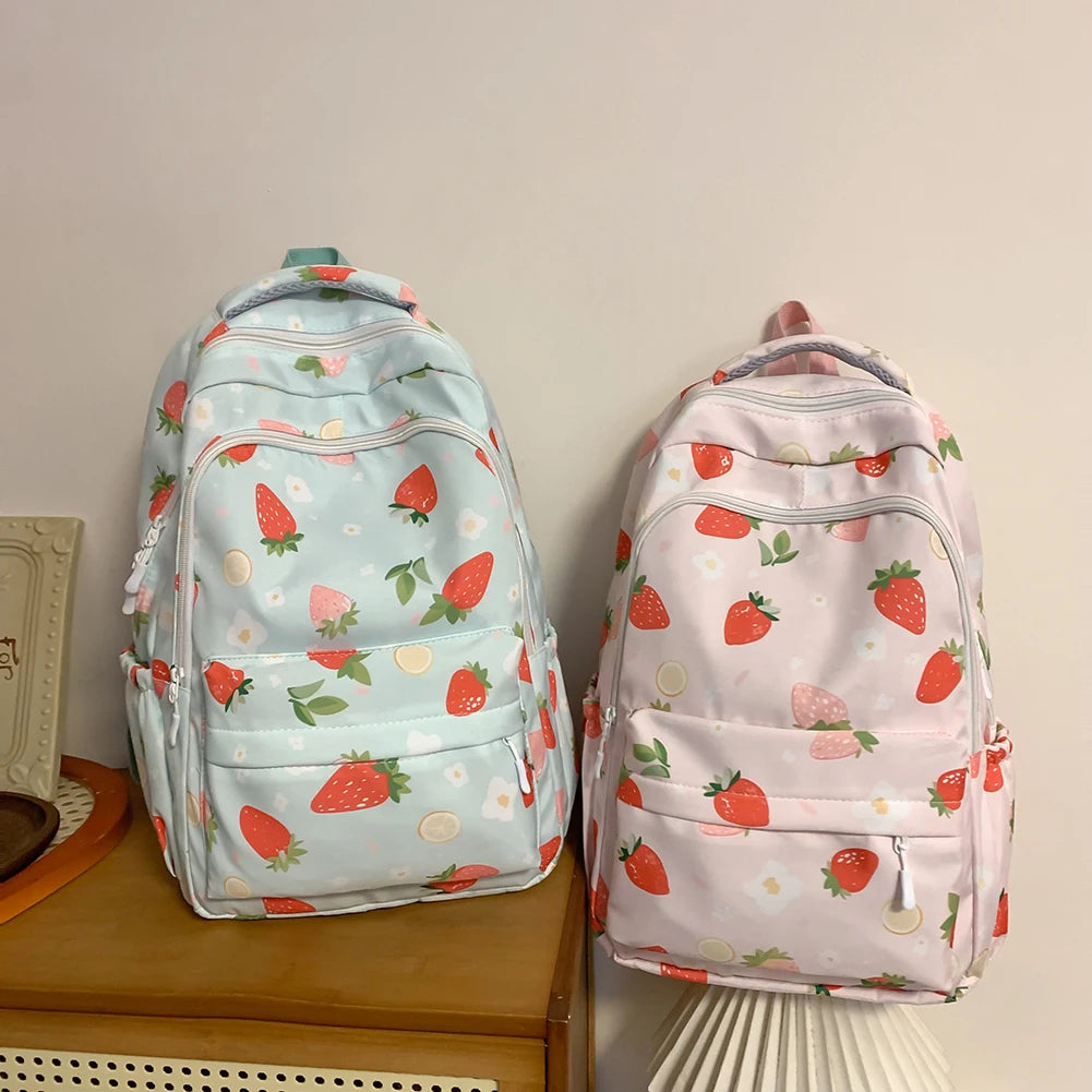Women Strawberry Pattern Backpack Adjustable Strap Strawberry School Backpack Large Capacity Students Daily Backpack - Just The Fly Way