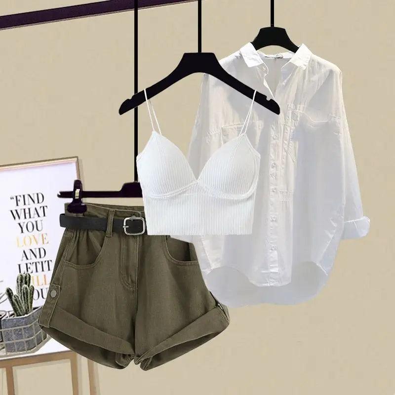Women's Matching Three Piece Set, Shirt, High Waist Shorts Set - Just The Fly Way