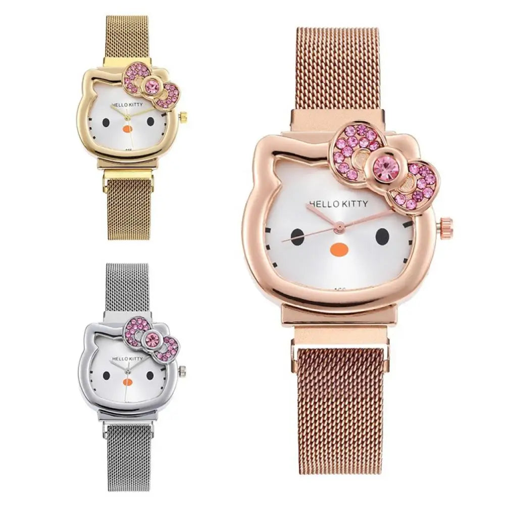 Gold or Silver Metal Ladies Kawaii Pink Hello Kitty Rhinestone Watch