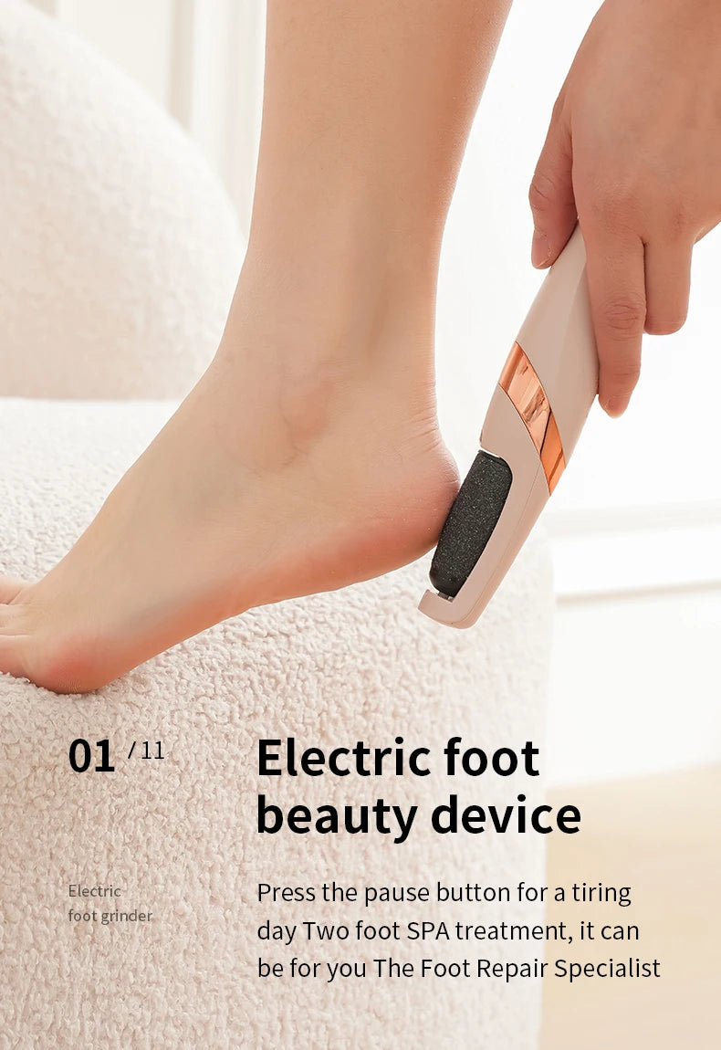 Electric foot beauty device being used on a foot with text describing its use.