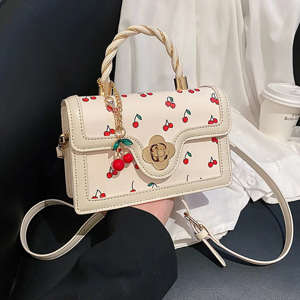 Fashionable, Bold and Beautiful DressWomen Cherry Square Chain Bag PU Leather Sweet Cherry Crossbody Bag Adjustable Strap Cherry Pattern Sling Bag Ladies Outdoor Bag